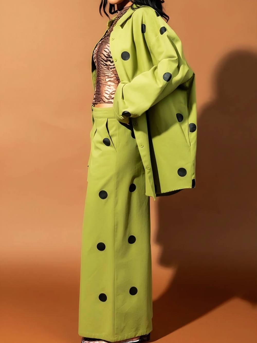 Dressed in LALA Lime Green Wide-Leg Polka Dot Pants - Picture 2 of 4